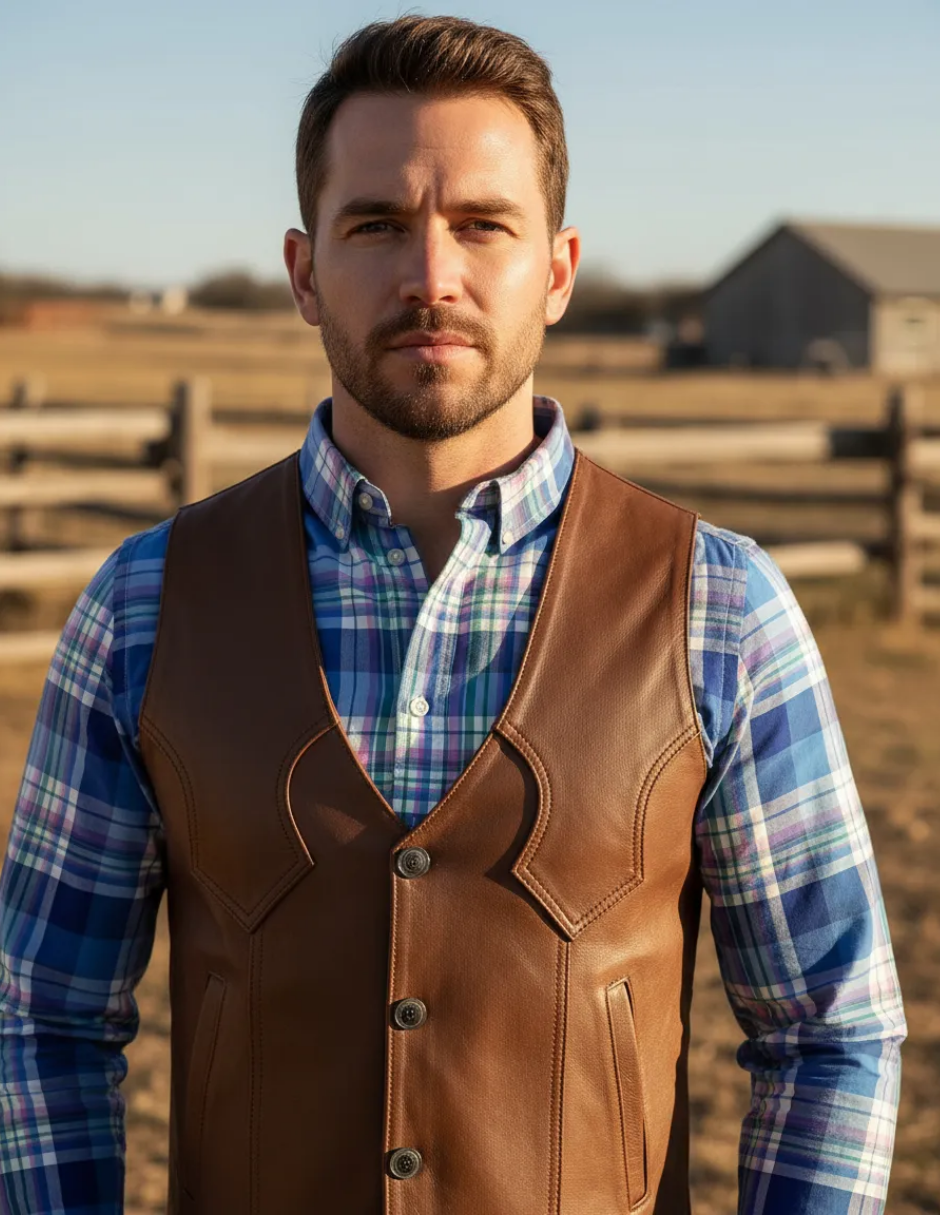 Chaleco de Piel Caballero Modelo Vaquero Tejido